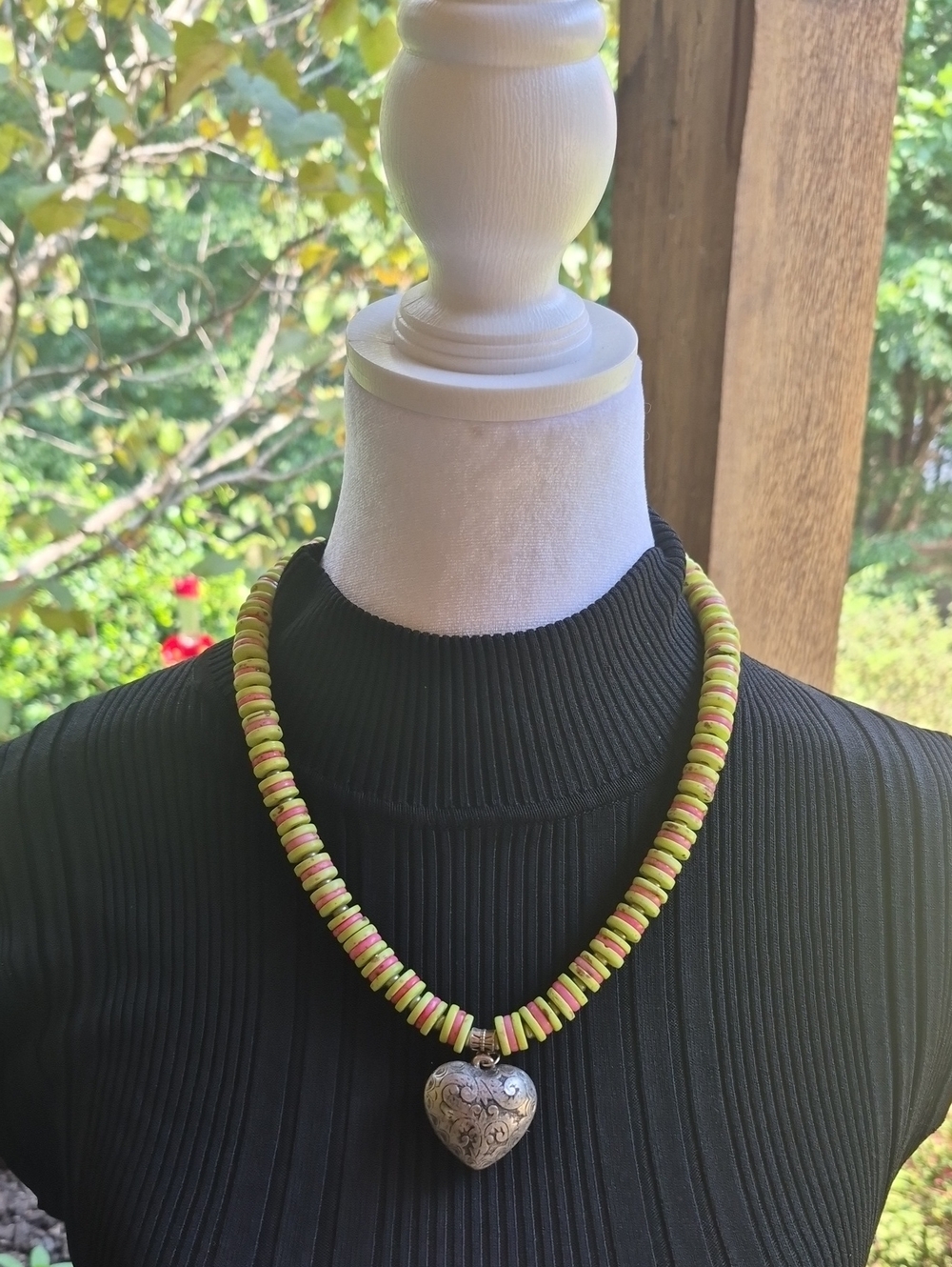 Handcrafted UPCYCLED Lime & Pink Bead Necklace with Heart Pendant